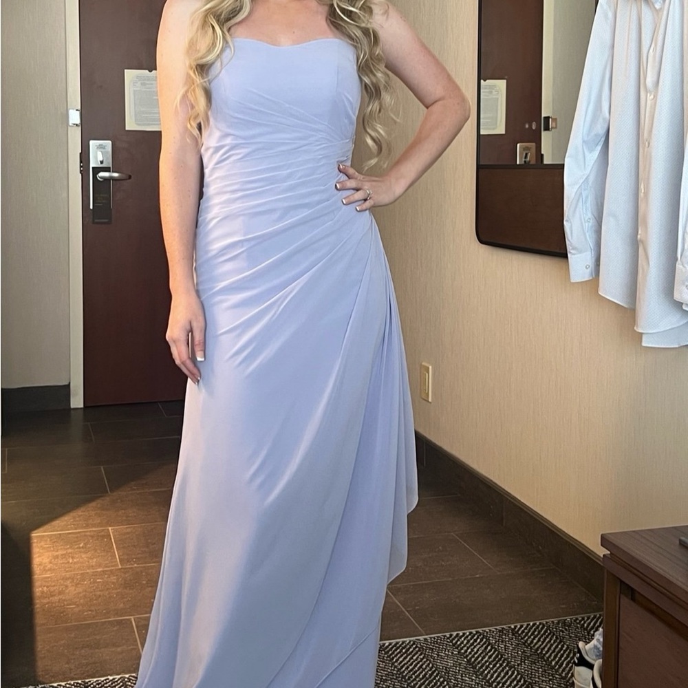 Mori Lee Blue Asymmetrical Ruched Strapless Gown